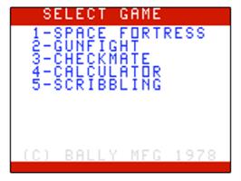 Title screen of Space Fortress on the Bally Astrocade.