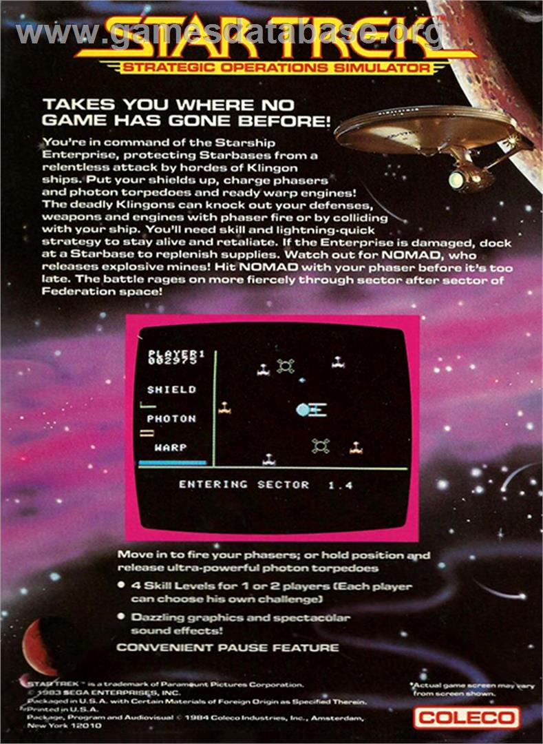 Star Trek Strategic Operations Simulator - Coleco Vision - Artwork - Box Back