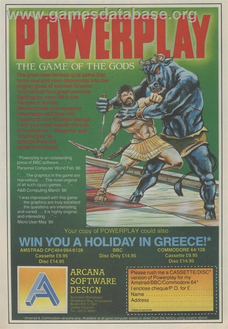 Powerplay: The Game of the Gods - Commodore 64 - Artwork - Advert