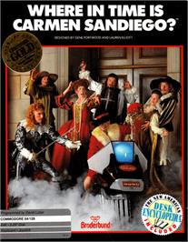 Box cover for Where in Time is Carmen Sandiego? on the Commodore 64.