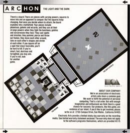 Box back cover for Archon: The Light and the Dark on the Commodore 64.