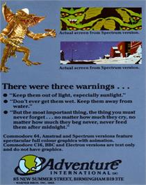 Box back cover for Gremlins on the Commodore 64.