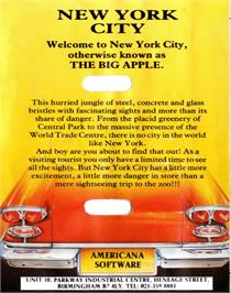 Box back cover for New York City on the Commodore 64.