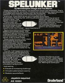 Box back cover for Spelunker on the Commodore 64.
