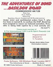 Box back cover for The Adventures of Bond... Basildon Bond on the Commodore 64.