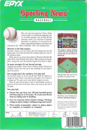 Box back cover for The Sporting News Baseball on the Commodore 64.