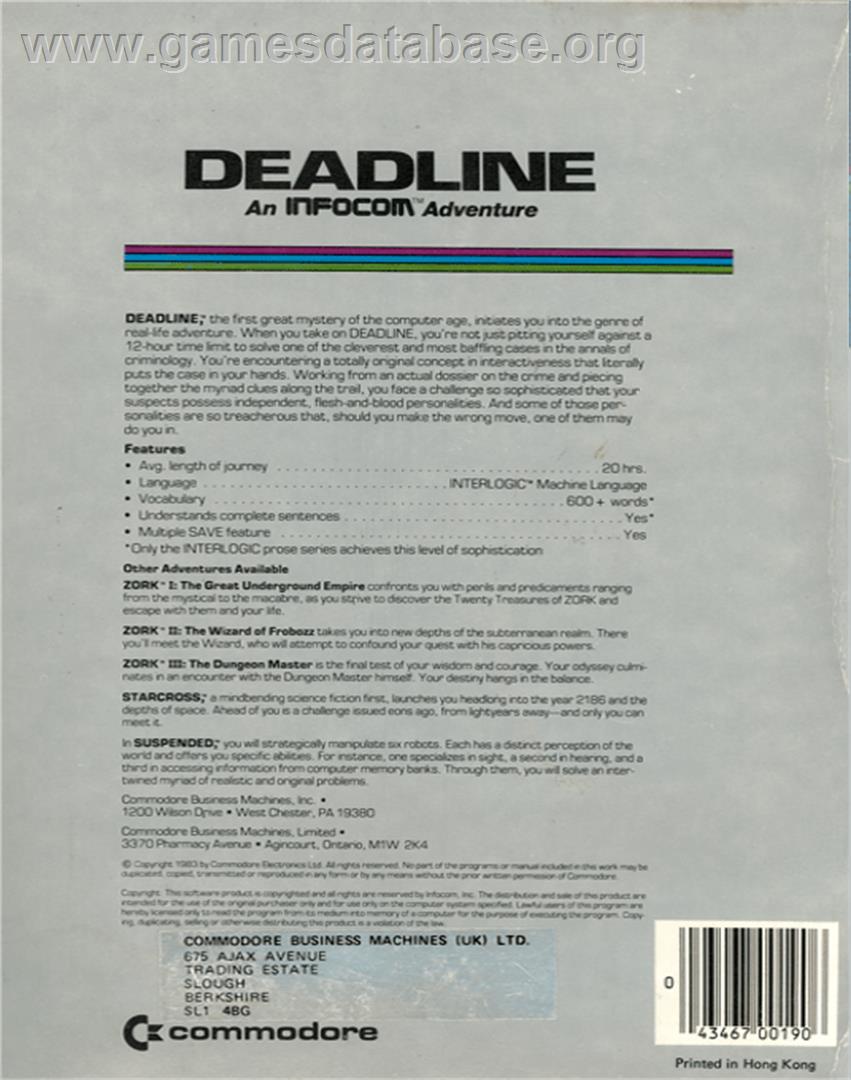 Deadline - Commodore 64 - Artwork - Box Back