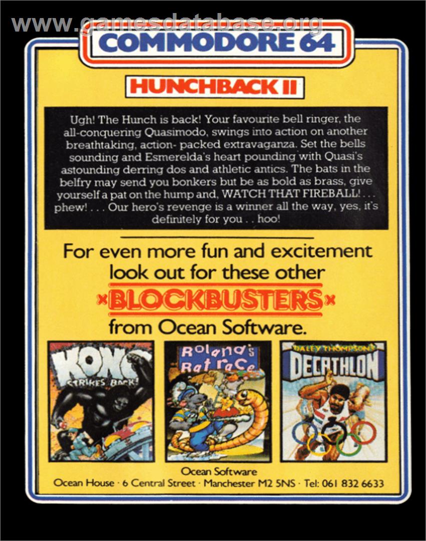 Hunchback II: Quasimodo's Revenge - Commodore 64 - Artwork - Box Back