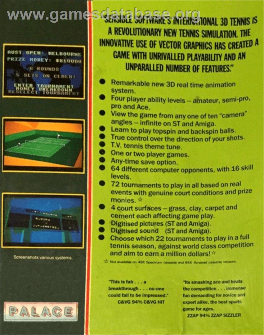 International 3D Tennis - Commodore 64 - Artwork - Box Back