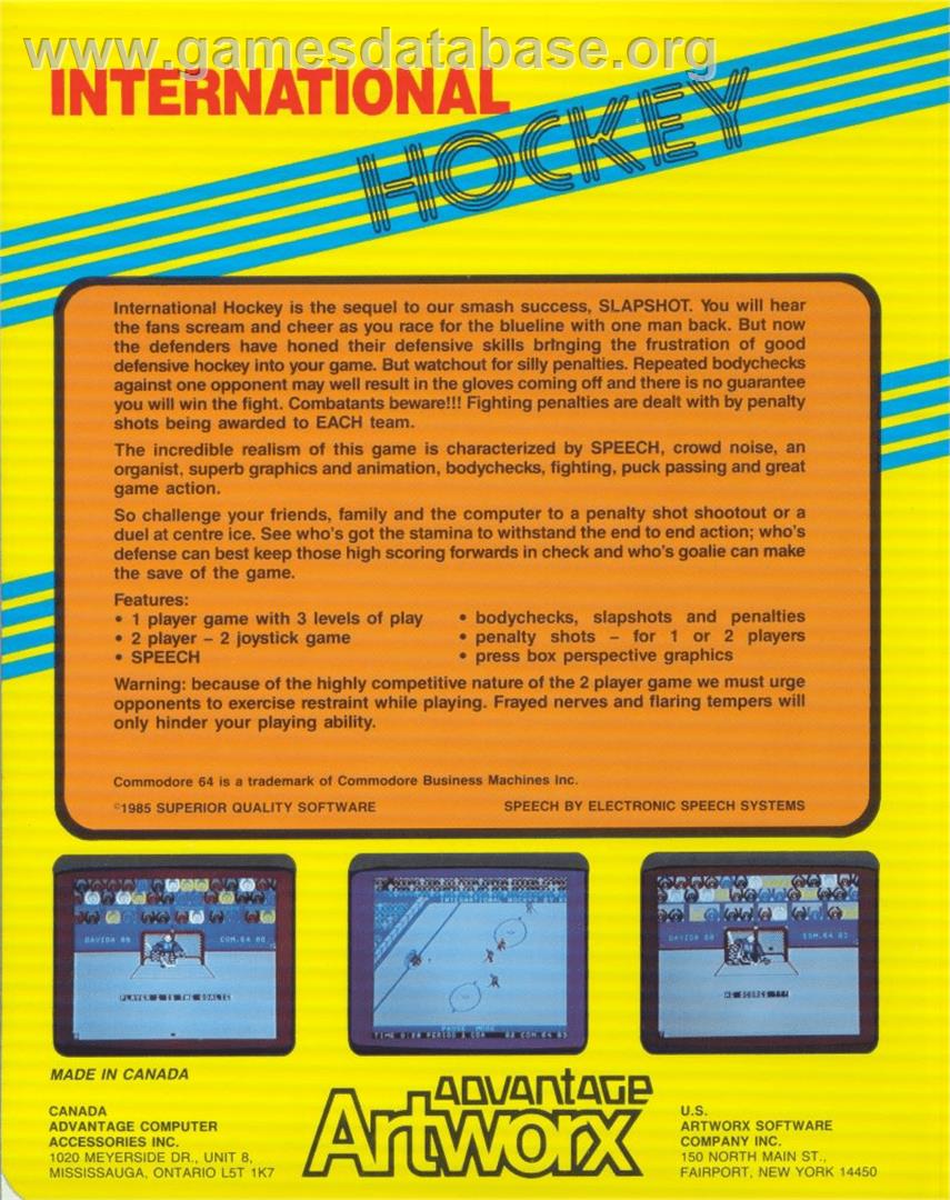 International Hockey - Commodore 64 - Artwork - Box Back