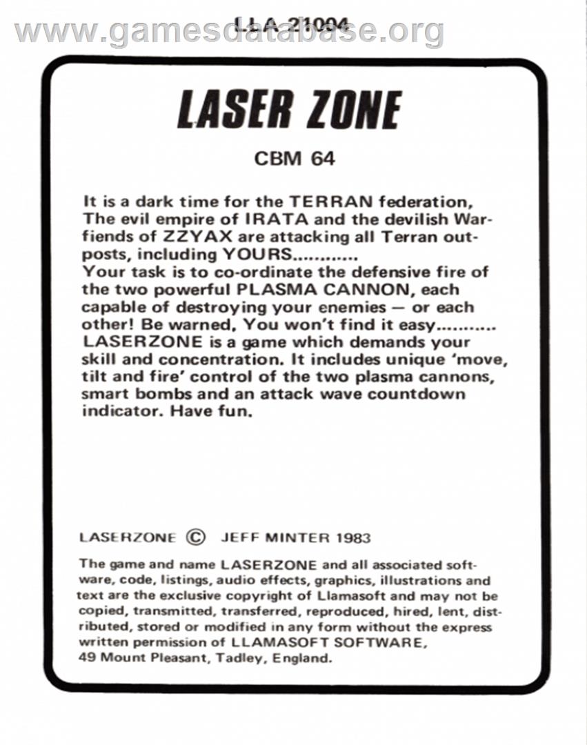 Laser Zone - Commodore 64 - Artwork - Box Back