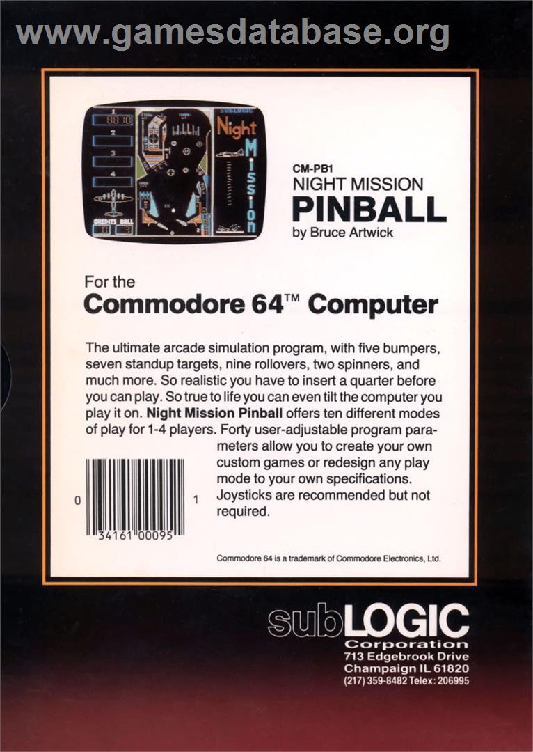 Night Mission Pinball - Commodore 64 - Artwork - Box Back