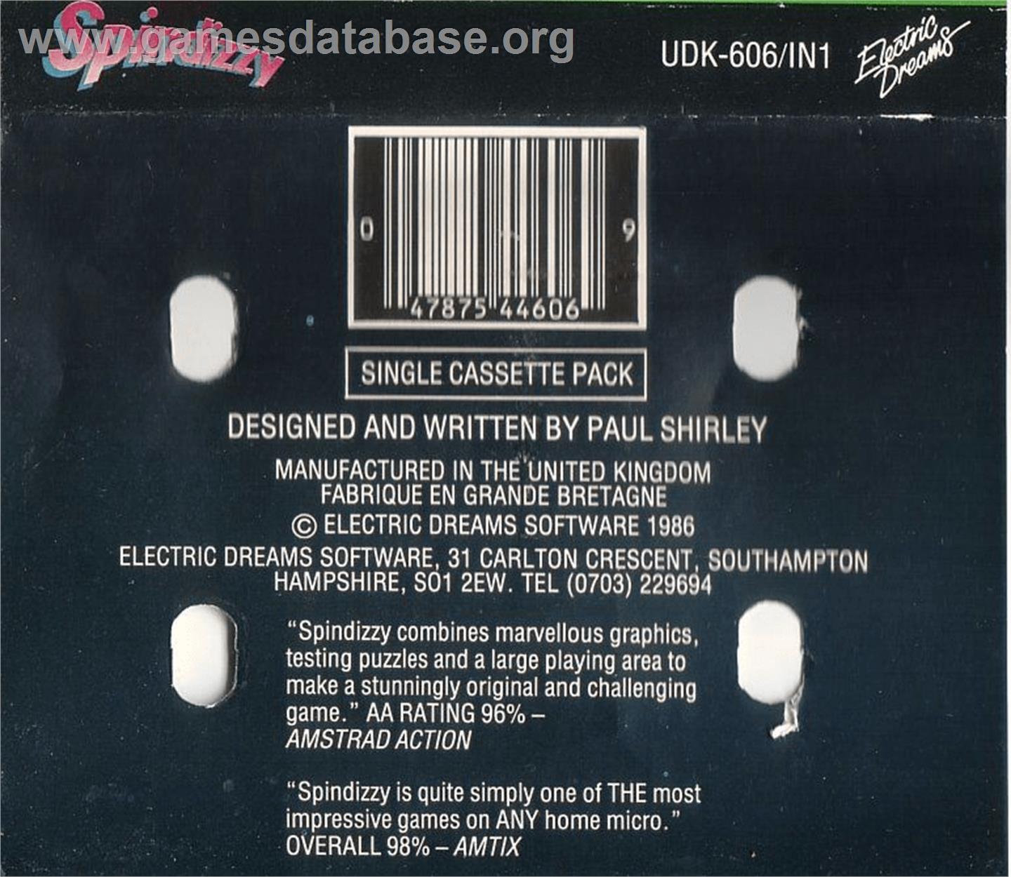 Spindizzy - Commodore 64 - Artwork - Box Back