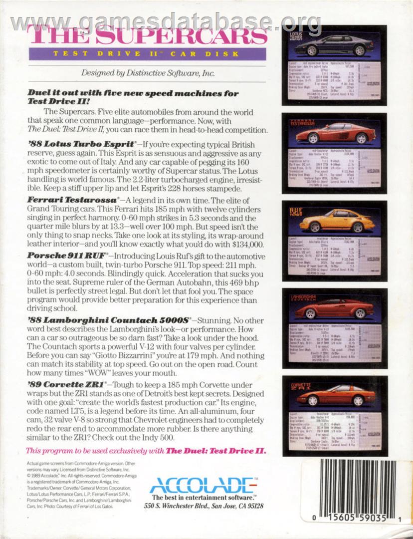 Test Drive II Car Disk: The Supercars - Commodore 64 - Artwork - Box Back
