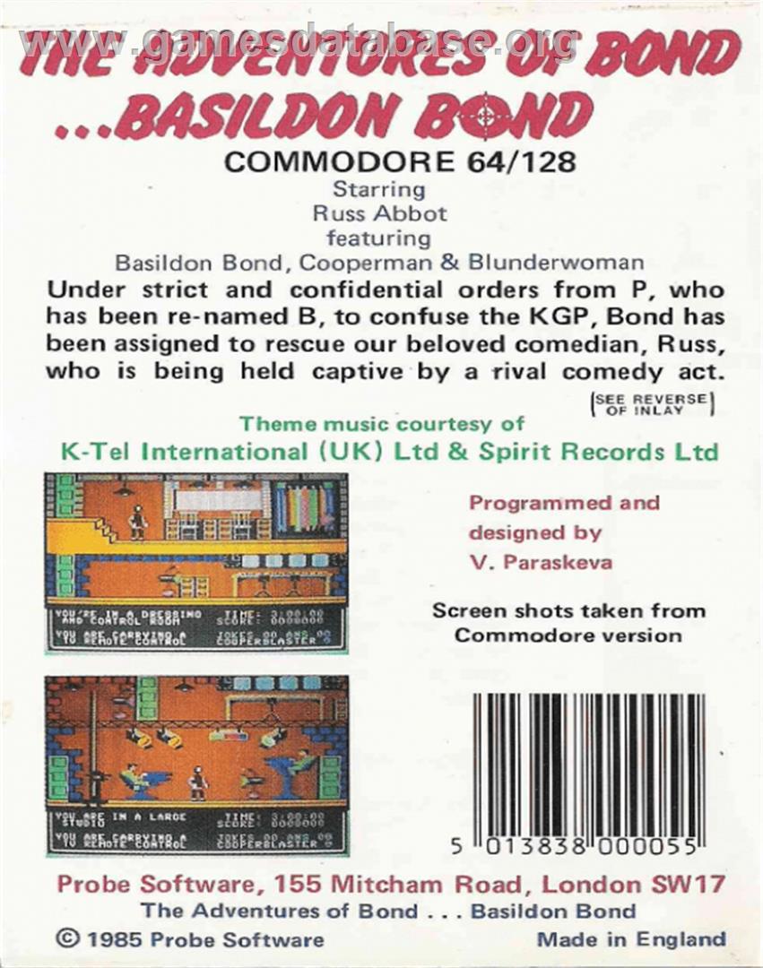 The Adventures of Bond... Basildon Bond - Commodore 64 - Artwork - Box Back