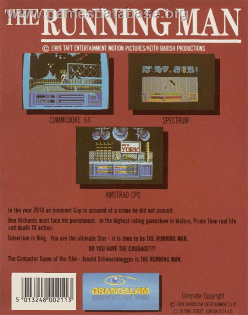 The Running Man - Commodore 64 - Artwork - Box Back