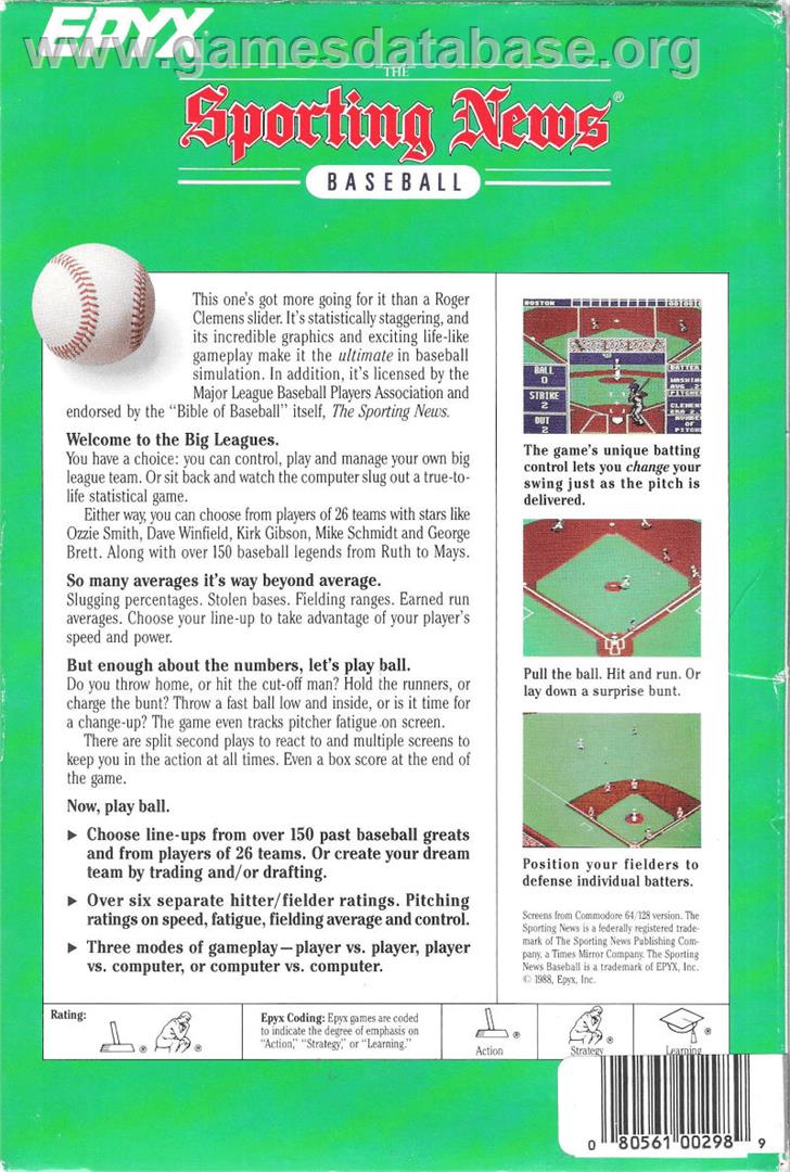 The Sporting News Baseball - Commodore 64 - Artwork - Box Back