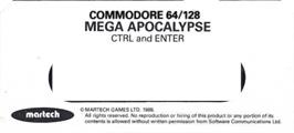 Top of cartridge artwork for Mega-Apocalypse on the Commodore 64.