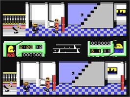 In game image of Bonanza Bros. on the Commodore 64.