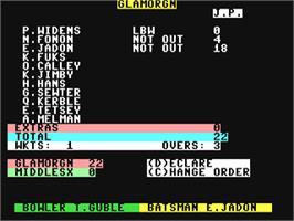 In game image of Cricket Captain on the Commodore 64.