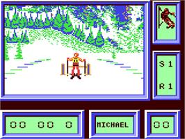 In game image of Downhill Challenge on the Commodore 64.