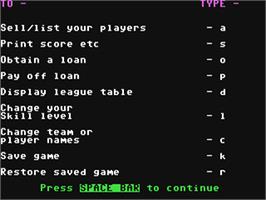 In game image of Football Manager on the Commodore 64.