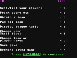 In game image of Football Manager 2 on the Commodore 64.