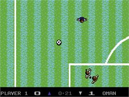 In game image of Microprose Pro Soccer on the Commodore 64.