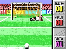 In game image of Penalty Soccer on the Commodore 64.