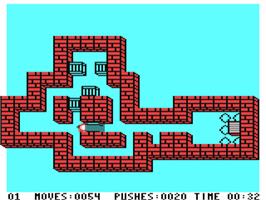 In game image of Soko-Ban on the Commodore 64.