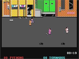 In game image of Street Sports Soccer on the Commodore 64.