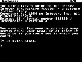 In game image of The Hitchhiker's Guide to the Galaxy on the Commodore 64.