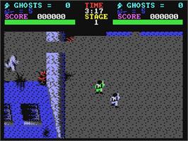 In game image of The Real Ghostbusters on the Commodore 64.