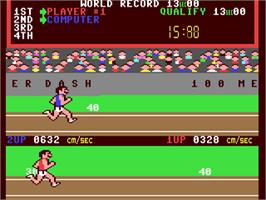 In game image of Track & Field on the Commodore 64.