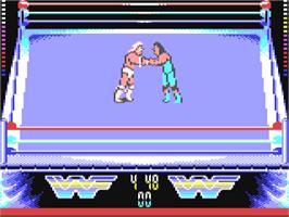 In game image of WWF Wrestlemania on the Commodore 64.