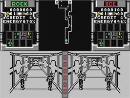 In game image of Xybots on the Commodore 64.