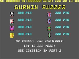 Title screen of Burnin Rubber on the Commodore 64.