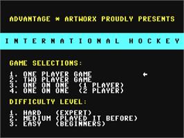 Title screen of International Hockey on the Commodore 64.