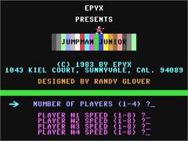 Title screen of Jumpman Junior on the Commodore 64.