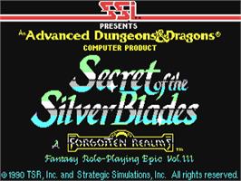 Title screen of Secret of the Silver Blades on the Commodore 64.