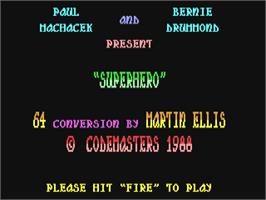 Title screen of Super Hero on the Commodore 64.