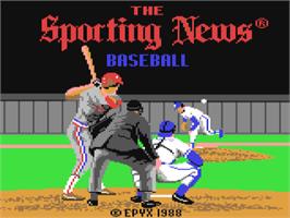 Title screen of The Sporting News Baseball on the Commodore 64.