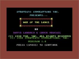 Title screen of War of the Lance on the Commodore 64.