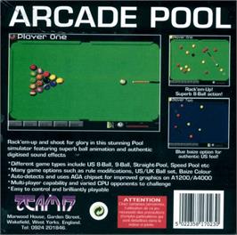 Box back cover for Arcade Pool on the Commodore Amiga.