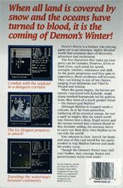 Box back cover for Demon's Winter on the Commodore Amiga.