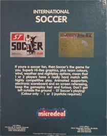 Box back cover for International Soccer on the Commodore Amiga.