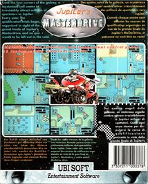 Box back cover for Jupiter's Masterdrive on the Commodore Amiga.