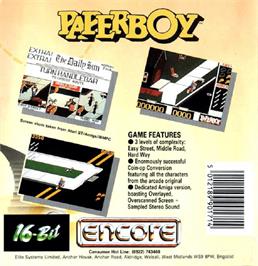Box back cover for Paperboy on the Commodore Amiga.