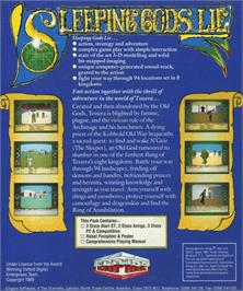 Box back cover for Sleeping Gods Lie on the Commodore Amiga.