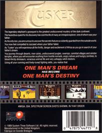 Box back cover for Tusker on the Commodore Amiga.